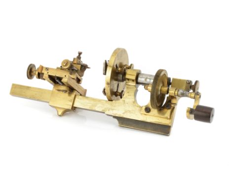 A Geared, Late 19th Century Watchmakers Lathe, English, Late 19th Century, unsigned, with hand crank driven gear to main stee