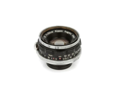 A Nippon Kogaku W-Nikkor.C f/1.8 35mm Lens, Nikon external bayonet, black, serial no. 353131, body, G-VG, elements, G-VG, som