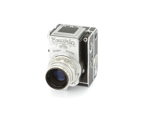 An Ihagee Exakta 66 Vertical Camera, 1953-54, chrome, serial no. 600129, with C.Z. Jena Tessar f/2.8 80mm lens, chrome, seria