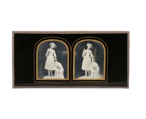 A Stereoscopic Daguerreotype, c. 1855, depicting a statue or ceramic model of a woman by a fountain, possily an exhibit at th