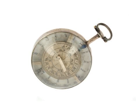 An 18th Century Pocket Watch Type Compass Sundial, English, c. 1770-1780, in silver case, white enamel compass rose, 32 point