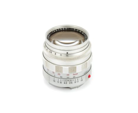 A Leitz Summilux f/1.4 50mm Lens, 1959, chrome, serial no. 1661983, body, G-VG, elements, G-VG, some light haze to middle gro