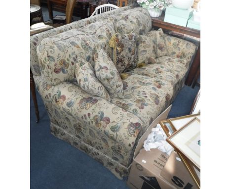 WESLEY-BARRELL: A TWO SEATER SOFA upholstered in Jacobean style material, 69" wide 