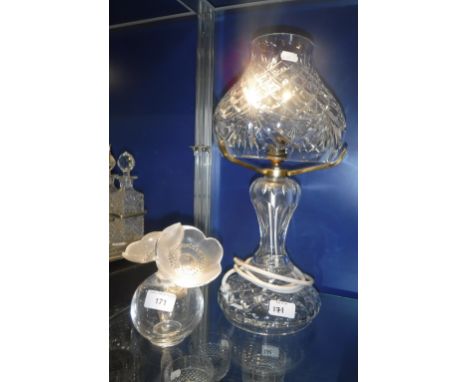 A LALIQUE SCENT FLASK with twin poppy head stopper, and a Waterford cut glass table lamp