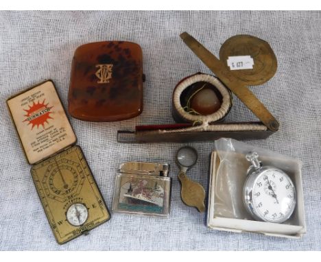 A BRASS-CASED PAIR OF SCALES, A STOPWATCH, a cigarette case and other similar items
