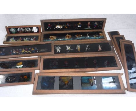 A COLLECTION OF MAHOGANY FRAMED GLASS MAGIC LANTERN SLIDES of birds and other subjects