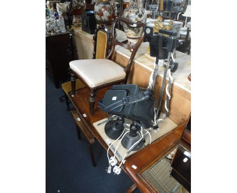 A VICTORIAN MAHOGANY SIDE CHAIR with yellow upholstery, an oak stool, a Victorian mahogany balloon-back dining chair, a repro