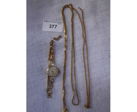 ROTARY: A LADIES 9CT YELLOW GOLD WRISTWATCH and two fine link yellow gold chains (3)