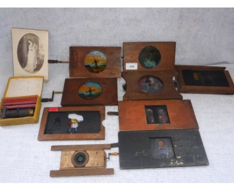 THREE 19TH CENTURY MAHOGANY FRAMED RACK WORK MAGIC LANTERN SLIDES