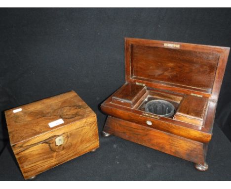 A GEORGE III MAHOGANY TEA CADDY with a central moulded glass sugar bowl and one other rosewood box (2)