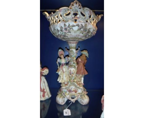 A CONTINENTAL CERAMIC BASKET ON STAND decorated with a couple in traditional costume