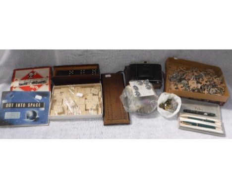 A COLLECTION OF MAHJONG PIECES, a vintage monopoly board game, similar games, coins ink pens and sundries