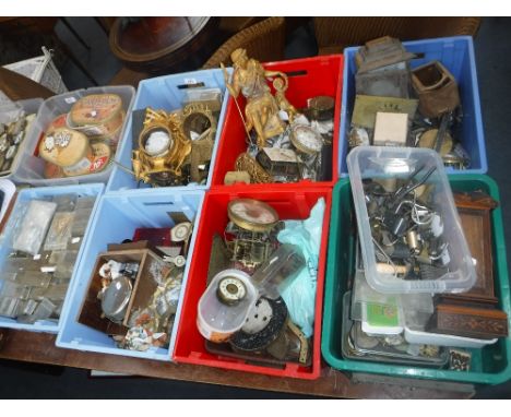 A LARGE COLLECTION OF CLOCK PARTS, cases , pocket watch parts and cases (9 boxes)