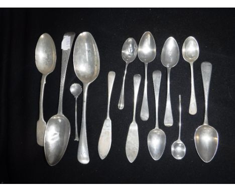 A SILVER TABLESPOON maker's mark 'R P' and a collection of flatware