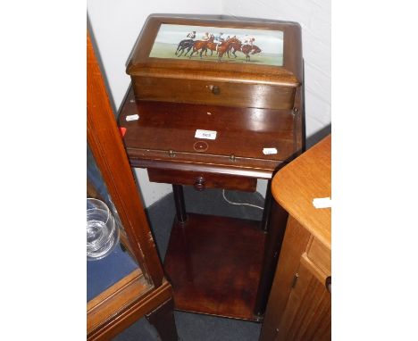 A MAHOGANY SIDE TABLE  later fitted with a single drawer and box containing a print of jockeys, 34" high