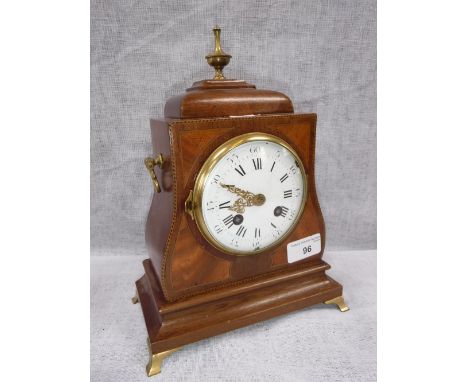 A VICTORIAN MAHOGANY AND INLAID WOOD MANTEL CLOCK with enamel dial, the French movement striking on a bell