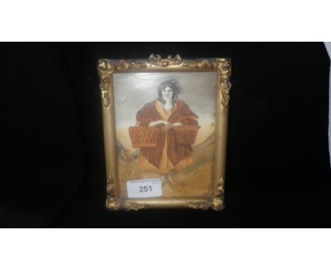 A SMALL PAINTED CERAMIC PANEL decorated with a woman holding two baskets  in a stylised landscape