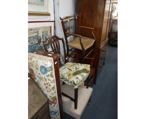 A COUNTRY STICK-BACK OPEN ARMCHAIR with sea grass seat and three other chairs and a long stool (5)