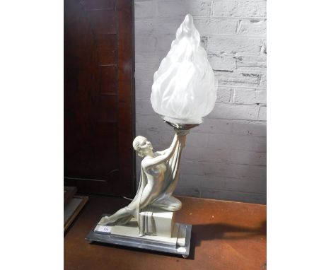 AN ART DECO PAINTED PLASTER AND CHROME TABLE LAMP in the form of a nude woman holding a flame