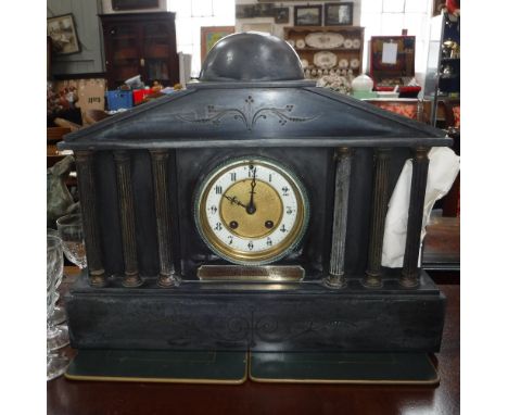 AN EDWARDIAN BLACK SLATE MANTEL CLOCK with presentation inscription