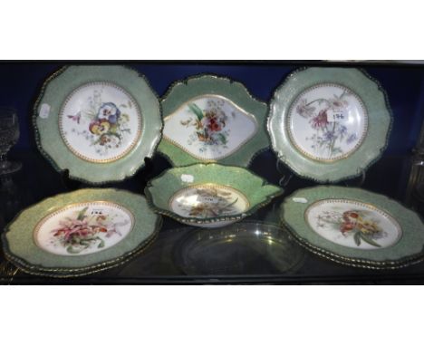 A ROYAL WORCESTER DESSERT SERVICE  decorated with flowers within green borders