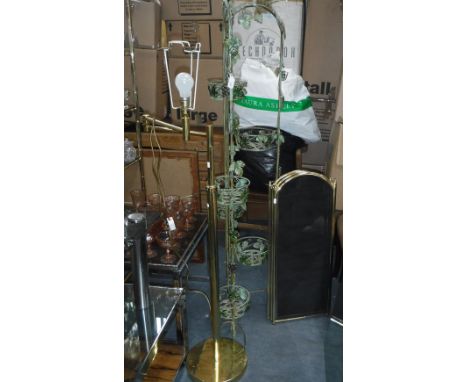 A BRASS FIRE SCREEN, a brass standard lamp and a painted plant stand (3)