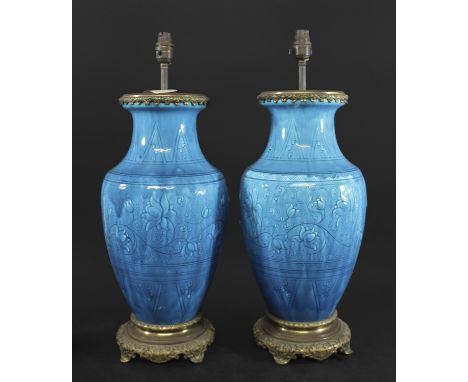 PAIR OF LARGE CHINESE TABLE LAMPS probably 19thc, a pair of large table lamps the turquoise glaze with various flowers in sha