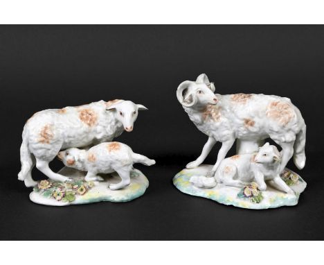 PAIR OF DERBY PORCELAIN SHEEP &amp; LAMBS including one figure of a sheep with a suckling lamb, and a ram with a lamb by it's