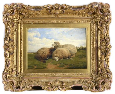 THOMAS SIDNEY COOPER, RA (1803-1902) THREE SHEEP RESTING Signed and dated 1866 or 1868, oil on board 17 x 24.5cm. ++ Needs on