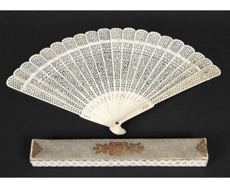 CHINESE IVORY &amp; BONE BRISE FAN - TIFFANY, YOUNG &amp; ELLIS, NEW YORK a 19thc 20 stick bone and ivory carved fan, in a fi