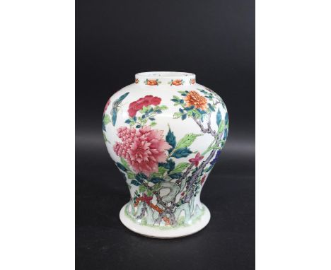 CHINESE FAMILLE ROSE VASE late 19thc but with Kangxi four character marks, of baluster form and painted with chrysanthemum's,