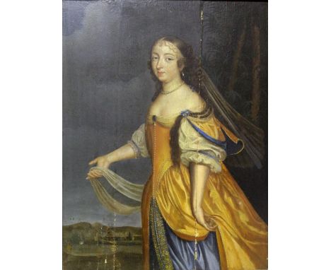 FOLLOWER OF WILLEM WISSING (1656-1687) PORTRAIT OF A LADY Standing, three quarter length, wearing a blue and orange dress, oi