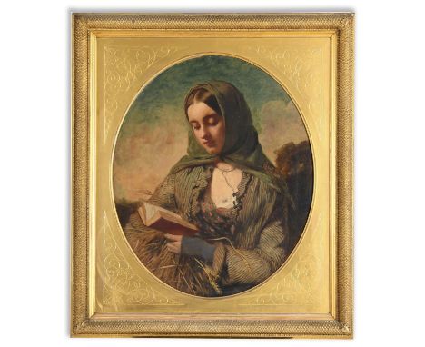 CIRCLE OF GUSTAVE POPE (1831-1910) A COUNTRY GIRL READING A BOOK Oil on canvas, in a period gilt frame with diaper border, th