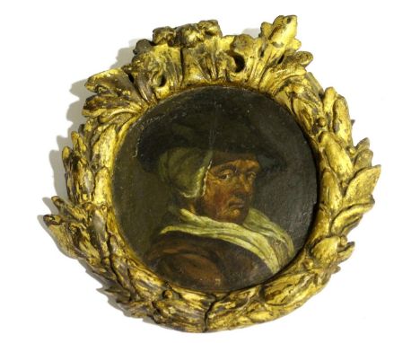 MANNER OF FRANS HALS (1582-1666) A PEASANT WOMAN Oil on panel, in an integral oakleaf and berry gilt frame Image 12.5cm diam;