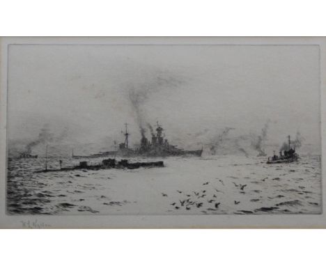 WILLIAM LIONEL WYLLIE, RA (1851-1931) HMS HOOD AND A SUBMARINE Etching, signed in pencil 12 x 22.5cm.; with another by Wyllie