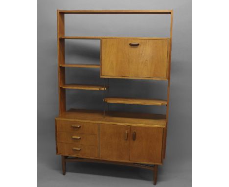 G PLAN ROOM DIVIDER - MID CENTURY a large teak room divider, the top section with a drop down flap and glass shelf, and vario