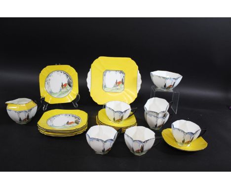 SHELLEY ART DECO TEA SET Pattern No 11604/31, a Queen Anne shape cottage design tea service, comprising a sandwich plate, 6 t