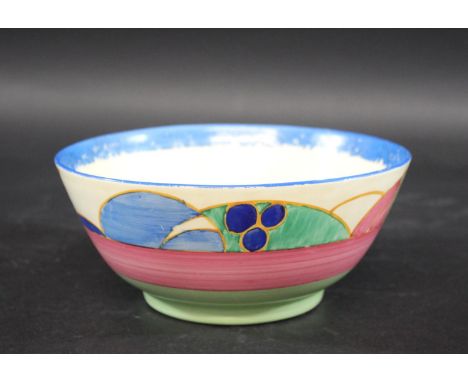 CLARICE CLIFF BIZARRE BOWL a bowl in the Melon design, with a blue painted rim and inside rim. Marked to the base, Fantasque,