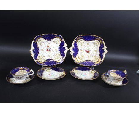 19THC TEA SERVICE - FLOWERS Pattern No 2069, each piece painted with a panel of flowers to the centre, with a dark blue groun