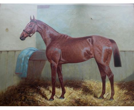 GEORGE PAICE (1854-1925) SWEETHEART III, A LIGHT BAY HORSE IN A STABLE Signed, inscribed with name and dated 04, oil on canva