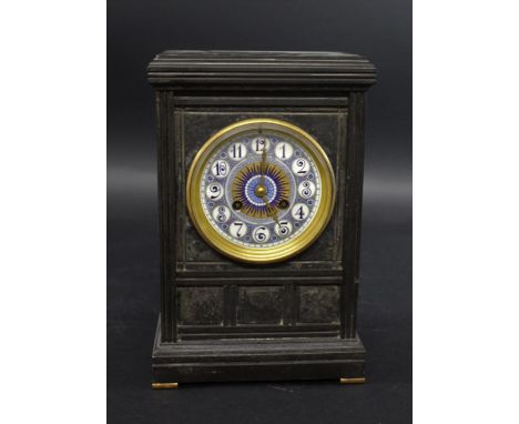 AESTHETIC MOVEMENT MANTLE CLOCK - THOS REYNOLDSON, HULL a slate mantle clock with thistle and shamrock motifs, with a pottery