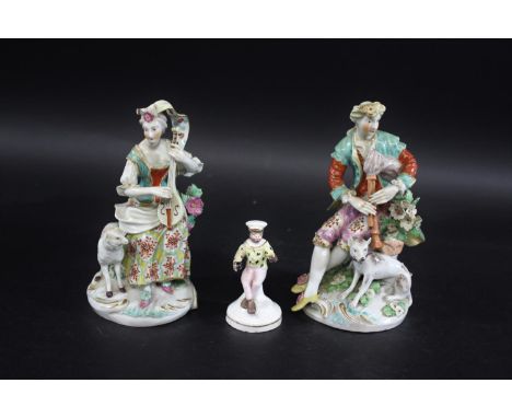 PAIR OF DERBY PORCELAIN FIGURES - MUSICIANS a pair of seated figures playing instruments, the lady with a sheep and the gent 
