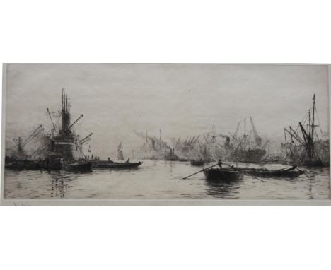 WILLIAM LIONEL WYLLIE, RA (1851-1931) ROYAL ALBERT DOCKS Etching with drypoint, signed in pencil 14.5 x 34.75cm. ++ The paper