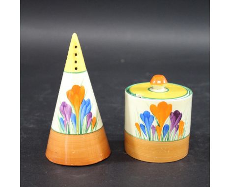 CLARICE CLIFF SUGAR SIFTER a conical shaped sugar sifter in the Crocus design, also with a lidded preserve jar in the same de