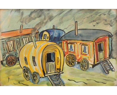 ATTRIBUTED TO GERARD DILLON (1916-1971) GIPSY CARAVANS, HAMPSTEAD HEATH (1964) Watercolour and pencil 24 x 36.5cm. ++ Needs a