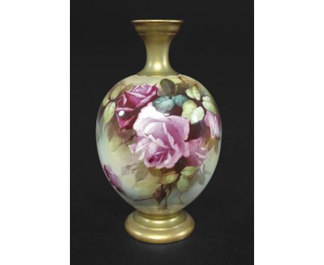 ROYAL WORCESTER SIGNED VASE - W JARMAN an early 20thc vase with a bulbous body and slender neck, painted with roses and leave