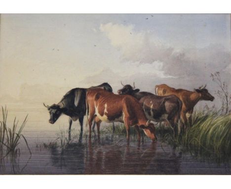 THOMAS SIDNEY COOPER, RA (1803-1902) CATTLE WATERING Signed and dated 1882, watercolour 24.5 x 35cm. ++ Small graze upper rig