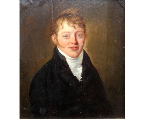 CIRCLE OF HENRY WYATT (1794-1840) PORTRAIT OF A YOUNG GENTLEMAN Quarter length, wearing a dark coat and white neckcloth, oil 