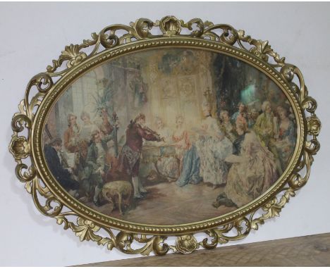 After Cleto Luzzi, colour print, oval, carved gesso and giltwood frame, 85cm x 61cm.  