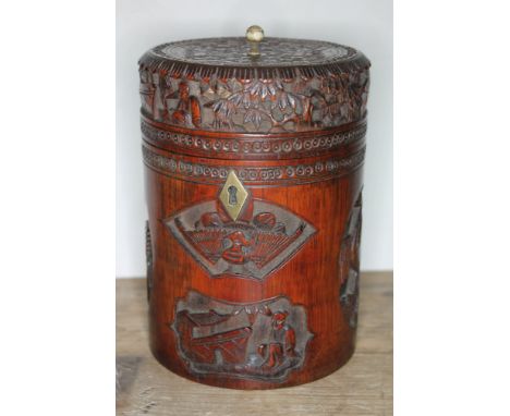 A 19th century Chinese Canton carved bamboo tea caddy, height 17cm.  Condition - good, minor wear only.